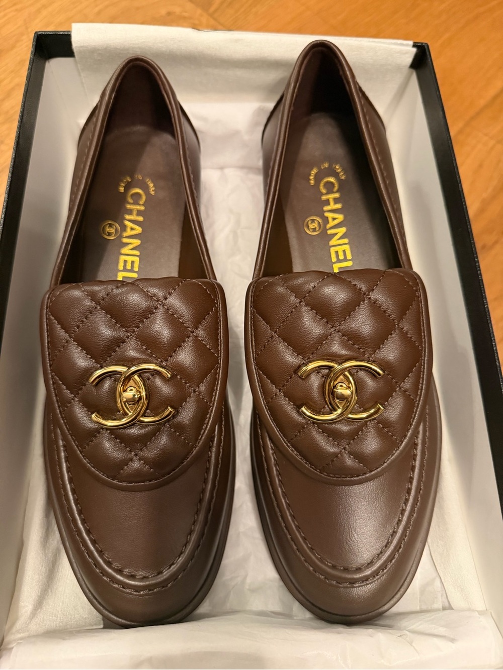 CHANEL Brown Quilted Leather Slip-On Loafers with Gold CC Emblem - Picture 3 of 6